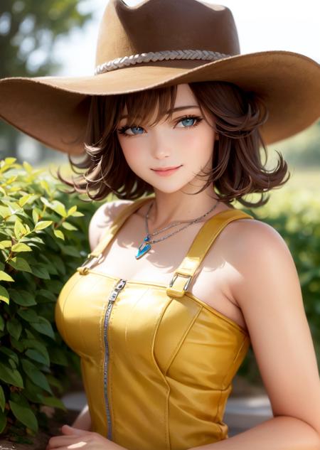 masterpiece, (realistic:1.3), photorealistic, best quality, selphie, cowboy hat, necklace, yellow dress, upper body, smile, looking at viewer <lora:selphie-nvwls-v2-000008:0.9>