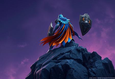 epic details Gaia Knight in striking blue & orange armor, bi-color design, blue head, atop rugged gray rock formation, gripping shield, poised for epic battle, facing left against dark purple sky. Scattered debris. Dynamic pose, Creative angle, Captivating lighting. Splash Ink Illustration, Matte Painting, Octane Render, Unreal Engine 5. 4K, High detail, Impeccable composition, Golden ratio, CGSociety, Trending on ArtstationHQ.