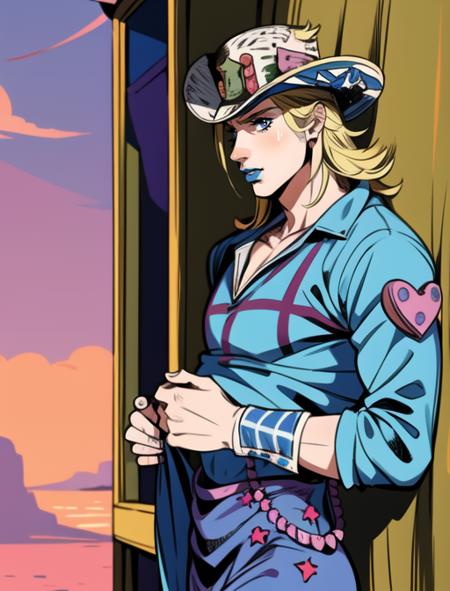 <lora:add_detail:0.54>tassels, western cowboy, Johnny Joestar, araki hirohiko (style), amazing anatomy, masterpiece, best quality, 1boy,  solo, johnnyjojo, blonde hair, cowboy hat, blue lipstick, official artstyle, male, male focus, manga, alternate costume, standing, pants,  young:0.98,  <lora:johnnyanyver:0.96>