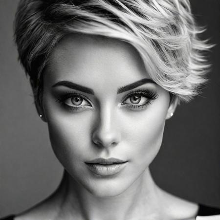 ultra sharp portrait photography of a beautiful woman with short feminine hair, ultra detailed, detailed eyes, black and white, high contrast  ar 3:5