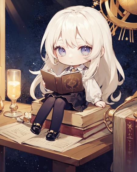 chibi, masterpiece, best quality, extremely detailed, detailed background, detailed face, telescope, 1girl, sitting, long hair, book, skirt, star (sky), white hair, pantyhose, chair, black skirt, globe, sky, window, starry sky, purple eyes, white shirt, shirt, indoors, looking at another, blue eyes, open book, bangs, shoes, flower, night, holding, cup, table, high-waist skirt, night sky, paper, black footwear, closed mouth, galaxy, starry sky