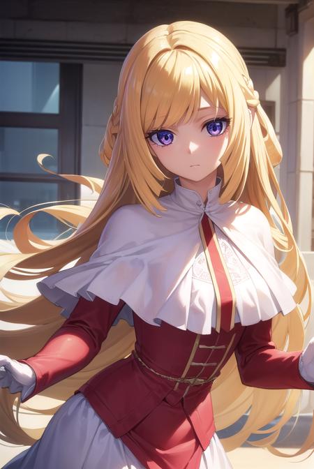 kudelia aina bernstein, (purple eyes:1.1), long hair, blonde hair, bangs, blunt bangs,  kudelia aina bernstein, (purple eyes:1.1), long hair, blonde hair, bangs, blunt bangs, ponytail, gloves, dress, red dress, white gloves, capelet, gown, red gown, apricot, black apricot, skirt, shirt, long sleeves, belt, long skirt, white shirt, collar bone, green skirt,