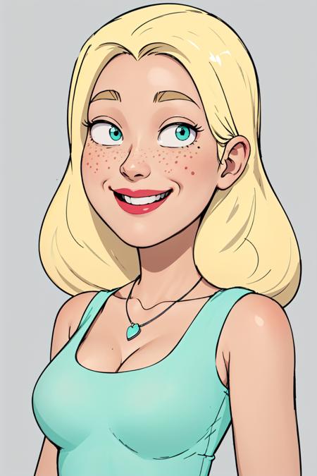  diane, 1girl, blonde hair, solo, freckles, long hair, necklace, cleavage, aqua shirt, smile,sleeveless, pants, high heels