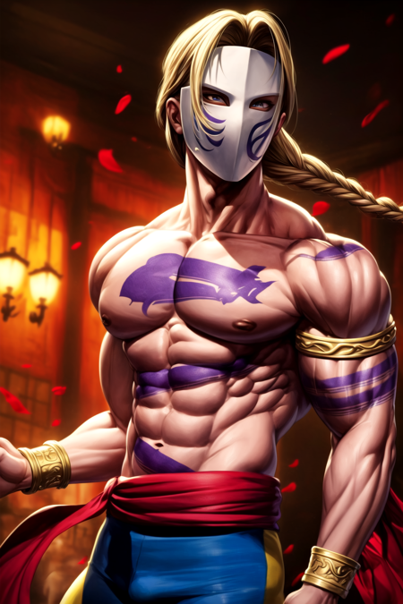 vega \(street fighter\), single braid, topless male, mask, 1boy, tattoo, armlet, red sash, claw \(weapon\), purple pants, wrist cuffs, shoes
