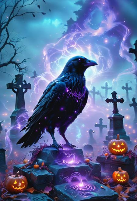 Mystic Lumina,large menacing crow, crow focused, Halloween, spooky, haunted, graveyard full of pumpkin, ethereal, dreamy, purple glow, blue mist, masterpiece (black:1.5), (gray:1.5).