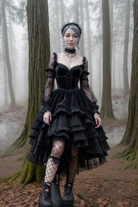4K, Masterpiece, highres, absurdres, 18yo GothGal, pale skin, grey eyes, woman wearing a GothGal outfit, 
wearing a midnight velvet gown, , platform sneakers, layered pearl necklace, , , ripped fishnets, lace-up waist cincher, , , in a Fog-covered forest with twisted trees
lower body focus, front picture,
<lora:edgGothGarterbelt:0.77>