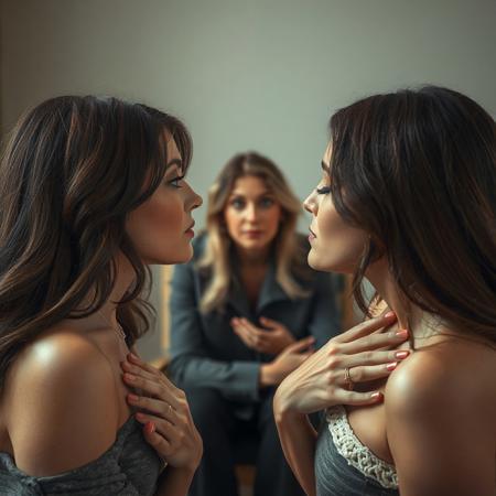 in background, beautiful woman 35yo, sitting on a chair, open eyes, staring at viewer, wearing severe clothing, (watching the faces of two lovely women) intently as the kneeling women in foreground kiss, hands on each other's breasts, close up on three faces