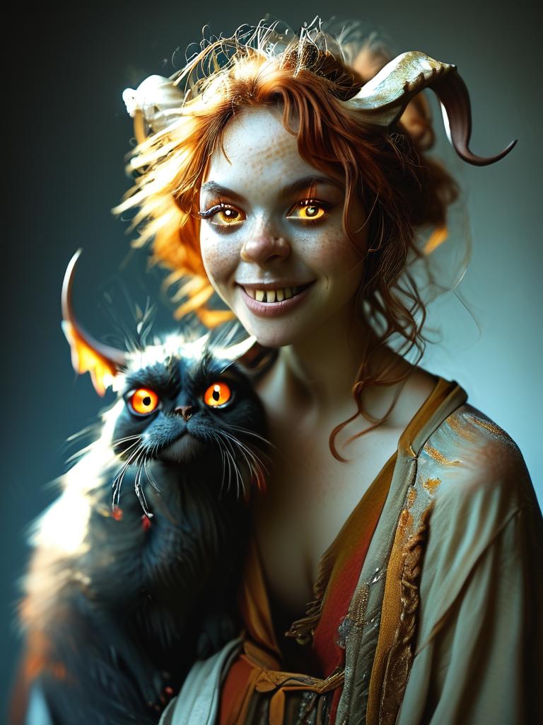 score_9, score_8_up, score_7_up, source_photo, (realistic:1.4), photorealistic, fantasy, medieval, 1girl, solo, wizard, ginger hair, short hair, straight hair, evil smile, black and red sigils, robe with sigils, runes, glowing eyes, tiefling, horns, with her pet monsters all around her, <lora:FantasyTiefling:1>, <lora:woman_and_her_monster:1.4>