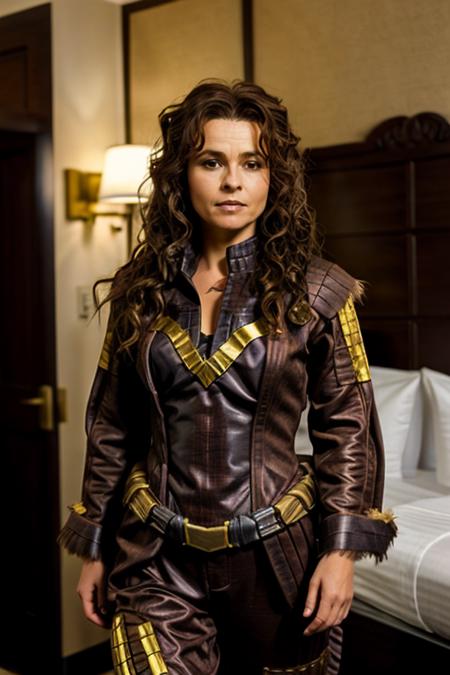 <lora:Helena_Bonham_Carter:1> 1woman, solo, mature hb1873c, , brown_hair, wavy hair, messy hair, galactic warrior costume ,  hotel room , evening