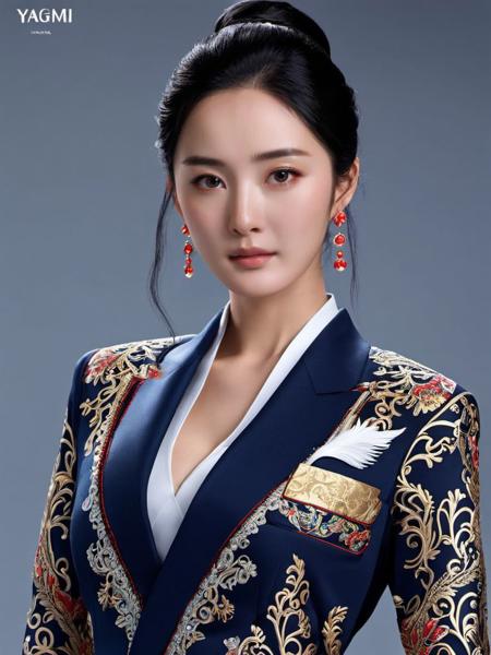 yangmi woman, photo realistic,office lady,  clothes is  flamboyant and exaggerated, also exquisitely detailed, sharp focus and crisp lineart and color, intricate, elegant, highly detailed, digital painting, artstation, concept art, matte, sharp focus, illustration, surreal concept art, beautiful, trending on deviantart <lora:yangmi_XLL6e4_10:0.5>