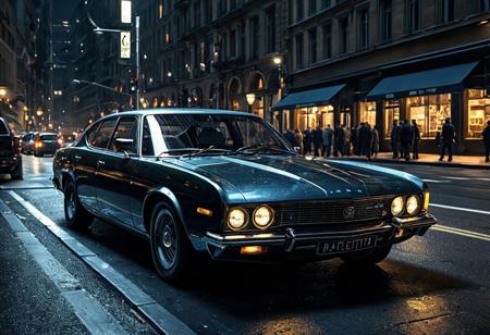 best quality, masterpiece, extremely detailed,  professional  art,  professional painting, an extremely delicate and beautiful, dynamic,  great lighting, perfect shading, professional shading, depth of field,   side soft light, elegant, gorgeous, highly detailed,   full shot, uncropped,   pure genious, absolutely perfect,  highly detailed, breathtaking, futuristic, detective car, special agent car, clandestine, secret modifications, sleek and elegant, dynamic turn around corner, drifting, big city, night