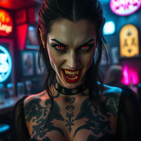 full body shot of a vampiress with european pale face and red eyes, dark hair, prominent and slightly aquiline nose with a straight bridge and a refined tip, bulgarian, with a very evil and demonic look, she must be gothic, dark, mouth slightly open and (showing her vampire fangs:1.1), she has tattoos with strange ancient symbols (maybe runic), inside a cyberpunk style pub at night, cyan light at her left, magenta light at her right. Sharp focus, studio photo, intricate details, highly detailed, realistic, 8K