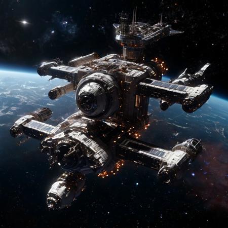 Design a breathtaking scene set in the vastness of space, where a futuristic spaceship is gracefully docking with a massive space station. Imagine this spacecraft as a marvel of human engineering, with sleek lines, glowing accents, and an array of advanced technologies on display. The space station, a towering structure with intricate details and multiple docking ports, serves as a bustling hub of interstellar activity.

As the spaceship aligns perfectly with the docking bay, highlight the intricate dance of mechanical arms and magnetic locks securing the two structures together. Add a dramatic touch with a vibrant nebula glowing in the background, its vivid colors contrasting the dark void of space. Enhance the sense of depth and movement with stars streaking across the scene, creating a captivating starfield.

Include subtle lighting effects to showcase the reflective surfaces of the spaceship and space station, emphasizing their metallic sheen. Perhaps add a few smaller vessels or spacewalkers nearby, providing a sense of scale and additional visual interest. The overall composition should evoke a sense of wonder, showcasing the beauty and excitement of space exploration and the potential of human ingenuity in the future.
