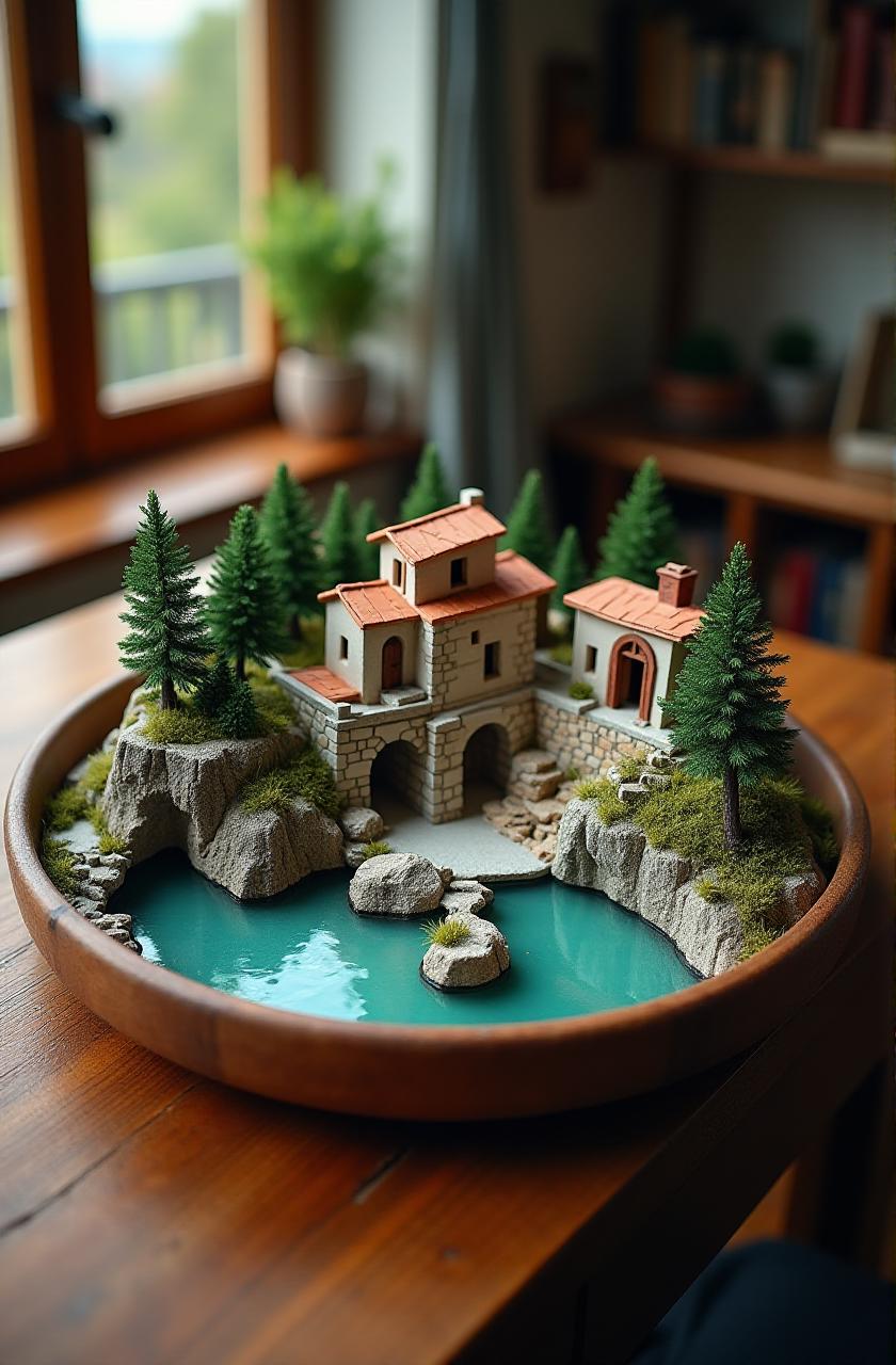 (indoor,very wide isometric view,tilt-shift lens:1.6), (miniature,diorama,no_realistic,no_CG,no_photo:2) of (stasis _chamber:1.5),mountain french town with terrace,cliff, snow,lake  (in very large wooden plate:1.3) at (table:1.2)