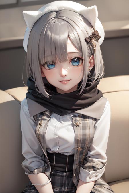 (masterpiece, best quality:1.2), <lora:vspo_sumirekaga-10:1>, solo, 1girl, kaga sumire, virtual youtuber, smile, looking at viewer, sitting, short hair, hair ornament, white headwear, shirt, scarf