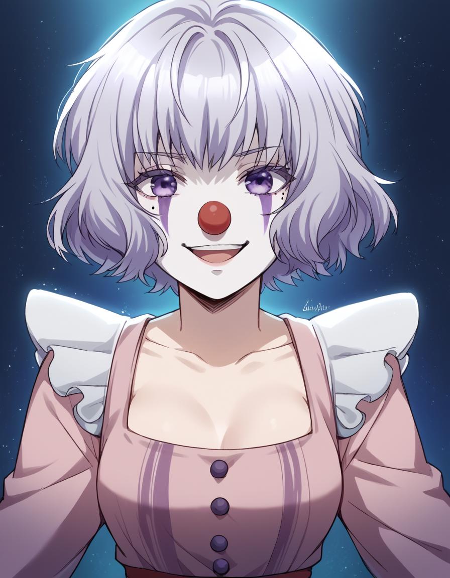 score_9, score_8_up, score_7_up, source_anime, <lora:nanami-shiranui-s1-ponyxl-lora-nochekaiser:1>, nanami shiranui, short hair, bangs, purple eyes, grey hair, mole, mole under eye, medium breasts,, <lora:clown-ponyxl-lora-nochekaiser:1>, clown, makeup, clown nose, facepaint, gloves, long sleeves, frills, dress,, smile, open mouth, smug, , dutch angle, cowboy shot