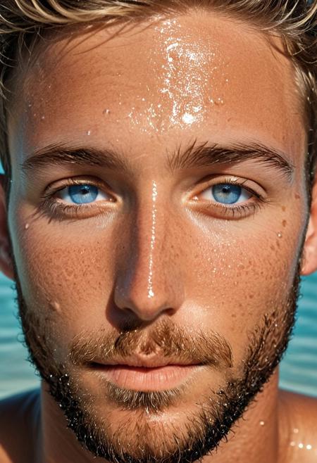 25 yo male model, headshot, skin details, intricate details, skin pores, detailed face, hyperdetailed photography, looking at viewer, sunburnt skin, wrinkles, big blue eyes, refraction, reflection in the eyes, blushing, sweaty, sweaty beard, broken nose, scars