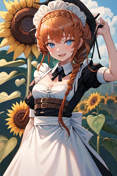 best quality, masterpiece, highres, solo, {maid:1.40}, {long maid dress:1.15}, {van_gogh_fgo:1.15}, braid, long_hair, blue_eyes, bangs, side_braid, hat, orange_hair, crown_braid, smile, brown_hair, flower, sunflower, open_mouth