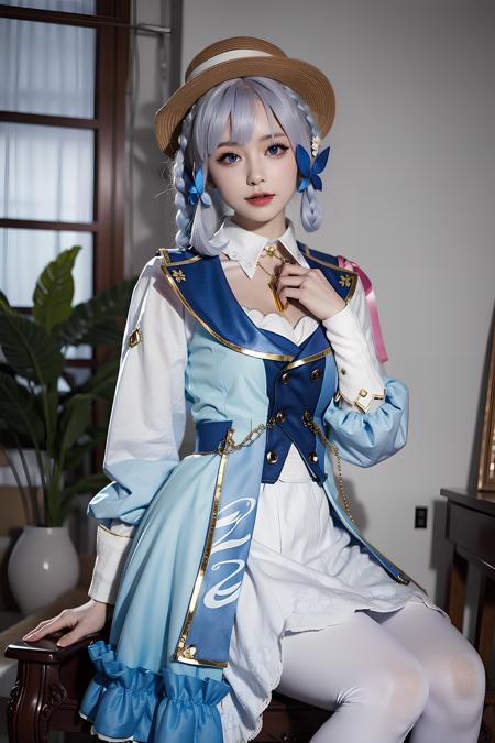 <lora:ayaka:0.75>,kamisato_ayaka, (standing),1girl,hat,blue hair, braid, blue eyes, white pantyhose,sitting, upper body, blue dress, indoors, japanese style decorations