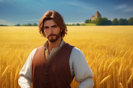 a man in a peasant outfit standing in a field of wheat, detailed face, medieval, fantasy