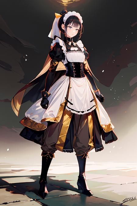 (masterpiece, best quality, absurdres:1.2), <lora:GomziStyle:0.9>, <lora:ol_narberalgamma:0.66> olnarberal, ponytail, maid headdress, maid, dress, maid headdress, maid, armored dress, gauntlets, hair ribbon, shirt, cape, brown pants, boots