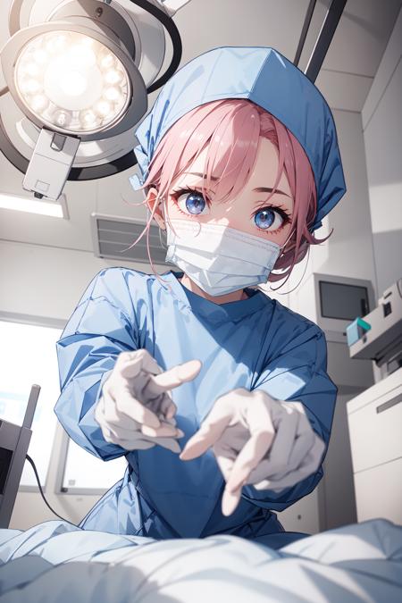 surgery_pov, view from below, pov, long sleeve surgical outfit, surgical mask,  surgical gloves, surgical cap,  operating room, overhead surgical light, looking downward, 