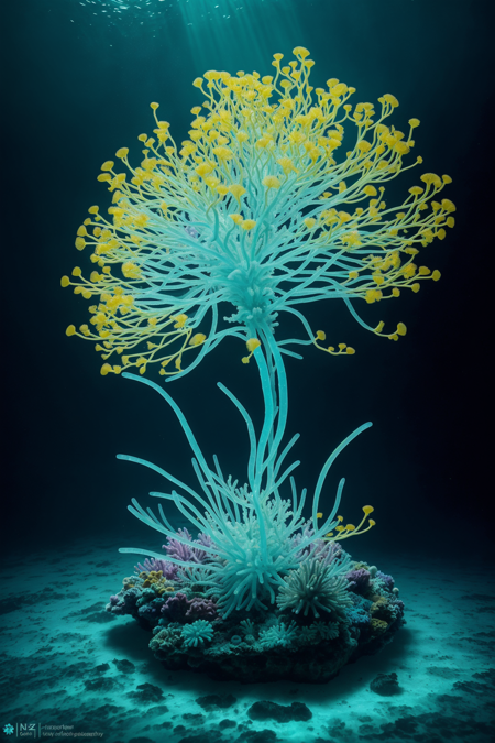 a Epic, stunning sea anemone glowing with tiny neon glass filaments, made of, tiny neon glass filaments, w0gf1l, in deep turquoise water, dark and mysterious ocean, neon effect illuminating the surrounding plankton, vibrant and radiant, ethereal underwater scene, zzCitronLegacy, 4k, detailed, cinematic lighting, bioluminescent glow, surreal and magical atmosphere., <lora:CiTron_Legacy_P1:1>, <lora:World_of_Glass_Filament:1>