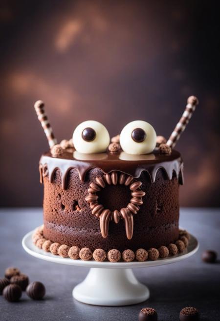 an expressive chocolate cake, detailed, perfect composition, googly eyes, sharp chocolate teeth  with extra long legs, in space. Close up, blurry background.