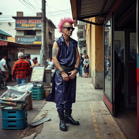 score_9, score_8_up, score_7_up, latin american city, dirty street, street stalls, flea market, old bus stop , people of different ages waiting for the bus, A tall punk man 50years old white skin pink punk hairstyle using a purple sleeveless vinyl trench coat purple vinyl pants black boots hanging chain spiked wristbands spiked collar purple sunglasses waiting for the bus