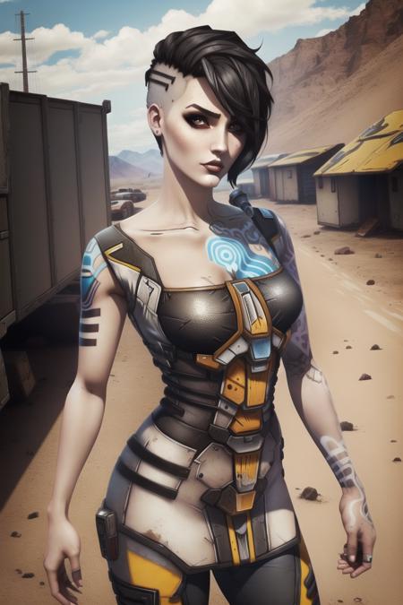 <lora:angel_(borderlands):0.8>, angel (borderlands), masterpiece, best quality, 1girl, solo, black hair, hair over one eye, tattoo, asymmetrical hair, makeup, undercut, lips, cowboy shot, arm tattoo, outdoors,