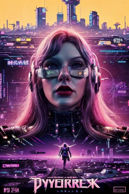 <lora:Taysway_V5-10:0.75> Taysway, adult woman, long pink hair, 80s movie poster themed, 80s poster style, psychedelic, mind blowing, trippy, retro artwork, (cyberpunk theme:1.3)