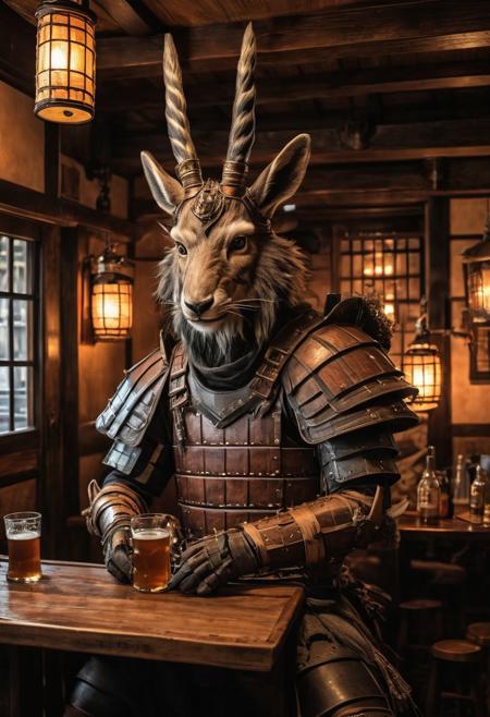 fantasy anthropomorphic a (japanese-serow) (warrior: 1.19) (leather armor) in dark japanese-tavern holding a pint of ale in a cozy environment with gas lamps oriental japanese-woodworking warm brick fireplace and (paper windows) (japanese-style-architecture)