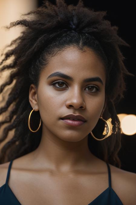 <lora:z4z13b33tz:0.9>, a Realistic photo of a z4z13b33tz woman, long hair, looking at viewer, black hair, bare shoulders, brown eyes, jewelry, upper body, earrings, teeth, dark skin, mole, dark-skinned female, lips, mole under eye, portrait, realistic, very dark skin, soft lighting, professional Photography, Photorealistic, detailed, inside a dark Studio Room background, blurred background, RAW, analog, sharp focus, 8k, HD, DSLR, high quality, Fujifilm XT3, film grain, award winning, masterpiece