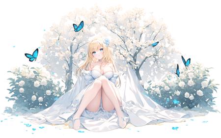 [(white background:1.6)::10], (bottle bottom:0.9), 1 girl, mid shot,long blonde hair,one side up,blue eyes,modern art,soft tone,light tone,blue butterfly,white off-shoulder dress,(blue rose) flower,Leanning against the tree,Sitting under the tree,full body,full shot,large breasts