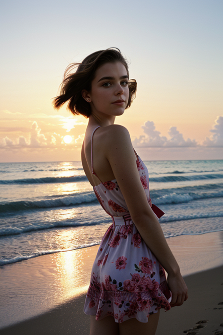 KiernanShipka, photograph by (Rodney Smith:1.3), modelshoot, pose, windblown waves, colorful blush, (floral sundress), Miami Beach sunset backdrop, Canon T90, 50mm f/1.4, 1/125s, ISO 100, Ektachrome E100, smile, (slim, fit:1.3)