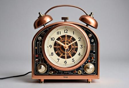 A vintage alarm clock redesigned as a retro-futuristic circuit object. The bells replaced by polished capacitors, the face covered in etched silicon pathways, hands glowing with LED traces. Clock body is copper-colored metal with exposed transistor logic and surface-mount detail. Precision and tech nostalgia combined.