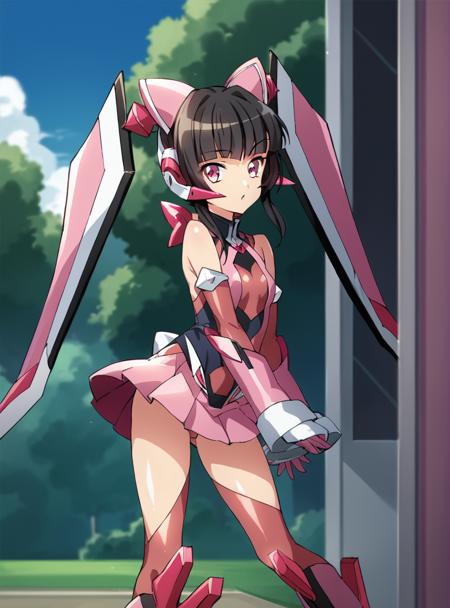 shirabesympho  black hair, gloves, skirt, pink eyes, bangs, elbow gloves, blunt bangs, thighhighs, twintails, leotard, long hair, bare shoulders, pink thighhighs, pleated skirt, detached sleeves, pink skirt,,