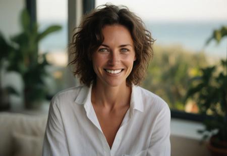 A meticulously detailed, hyper-realistic studio portrait of Olivia, a 35-year-old woman with sun-kissed skin and bright green eyes. She has a slim, oval, delicately contoured face with high cheekbones, a narrow jawline, and a subtle V-shaped chin. Her wavy, short-length light brown hair is casually tousled, framing her naturally beautiful face. Her skin has realistic texture: visible pores, soft natural wrinkles, gentle laugh lines, and minor imperfections that enhance authenticity. She wears a white button up shirt an a warm, genuine smile with slightly imperfect teeth. She seats in a warm living room,full of. plants, facing the sunset, and ocean,through a Huge window, captured with an 85mm lens at f/4, with natural color grading and an unedited RAW film look — inspired by Kodak Portra 400. No makeup retouching, no plastic effect, no artificial smoothing.