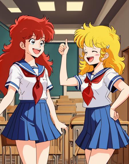 a-ko and c-ko, 2girl, happy, school uniform, blue collar, skirt, short sleeves, indoors, slower, overly happy,  <lora:Project_A-Ko-000012:1>