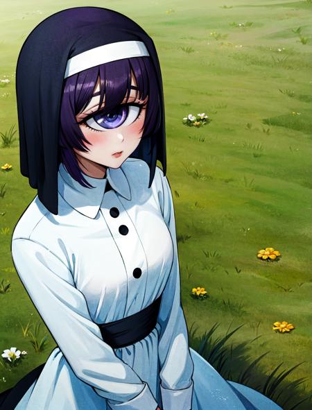 masterpiece, best quality, outdoors, grass,
eyelashes, blue eyes, purple eyes, one-eyed, cyclops,
manako, 1girl, solo, looking at viewer, cowboy shot, short hair, purple hair, blush, breasts, nun,
<lora:LoRA_Manako:1>,