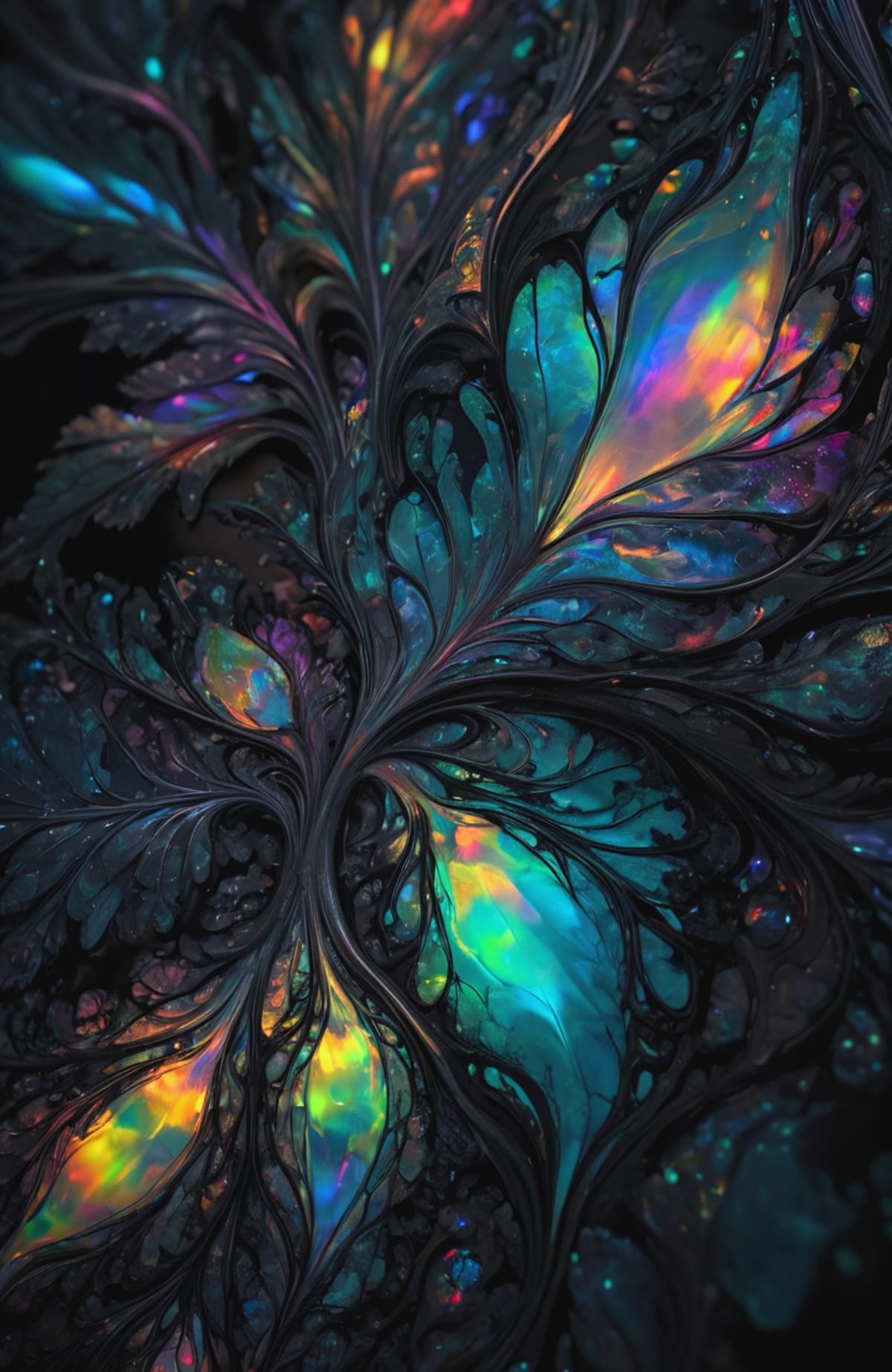 Abstract art featuring a large blue flower with a black background and colorful rainbow-like patterns.