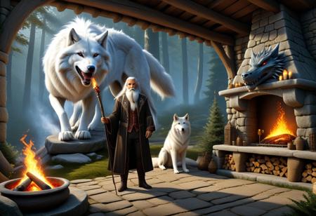flux stil ,ultra realistic image with high resolution and stable focus correct and accurate anatomy, correct and accurate objects, perfect detail, ultra realism, photo realism, an image depicting a magician, a dtsrec with a long beard and white long hair leaning on his magic wand standing next to a hearth in which a magical fire burns in front of his stone house merges with the forest landscape, next to him there is 1 huge dragon staring into the fire, at the feet of the magician lies a meekly huge white wolf. ultra detail