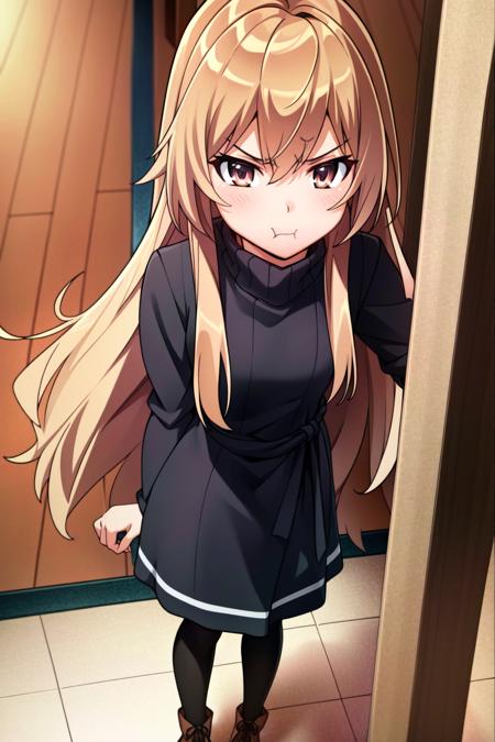 (extremely detailed CG unity 8k wallpaper),(masterpiece),(best quality),(ultra-detailed),(best illustration),(best shadow),(absurdres), <lora:Taiga Aisaka:0.8> Taiga Aisaka, 1girl, solo, long hair, aisaka taiga, brown eyes, brown hair, smile, upper body, turtleneck, turtleneck dress, leggings, boots, full body, standing, eye shadow, blush, <lora:SadMadFaces:0.8> pouting, mad, pouty face, pout, angry, anger vein, shaded face, eyes looking to the side, looking away, looking away from viewer, indoors, (detailed background, intricate background:1.1), beautiful