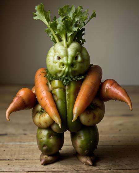 realistic photo of a humanoid celery carrot potato hybrid monster