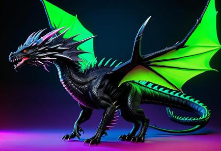 Synthwave, A obsidian black dragon with leathery wings, spines running the length of its spine and tail, upswept horns and breathing Green fire