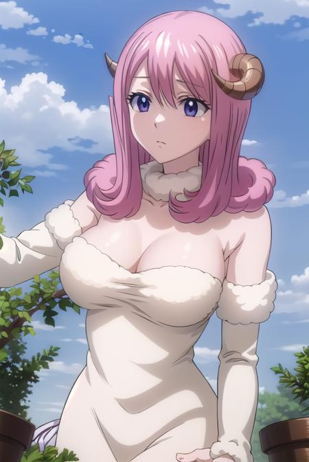 fairytailaries, <lora:aries s7-lora-nochekaiser:1>,
aries, long hair, pink hair, horns, sheep horns, (purple eyes:1.1),
BREAK cleavage, pantyhose, dress, white dress, detached sleeves, 
BREAK outdoors, nature, forest, sky, clouds, sun,
BREAK looking at viewer, (cowboy shot:1.5),
BREAK <lyco:GoodHands-beta2:1>, (masterpiece:1.2), best quality, high resolution, unity 8k wallpaper, (illustration:0.8), (beautiful detailed eyes:1.6), extremely detailed face, perfect lighting, extremely detailed CG, (perfect hands, perfect anatomy),