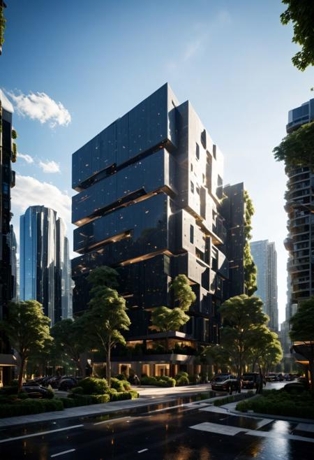 (((Modern style architecture, housing, luxury residence))),
outdoors, sky, tree, blue sky, no humans, ground vehicle, building, scenery, reflection, city, cityscape, bare tree, skyscraper, real world location,
(Large Files, Ultra Realistic, 8K, 16k, FHD, HD, VFX, Perfect, Photography, composition, Architecture Sales Photography, Architecture Competition, Ultra High Resolution, Cinematography, High Resolution Image:1.1), (dramatic lighting, direct sunlight, ray tracing, clear shadow:1.2), (real landscape:1.1), (blurred background:1.0), (urban background, more_details)  
(avant-garde, future, reality, science fiction, photorealistic), (modern architecture:1.2), White limestone with black granite, fountain, waterfall, landmark, square, path, narrow street,
(Large Files, Ultra Realistic, 8K, 16k, FHD, HD, VFX, Perfect, Photography, composition, Architecture Sales Photography, Architecture Competition, Ultra High Resolution, Cinematography, High Resolution Image:1.1), (dramatic lighting, direct sunlight, ray tracing, clear shadow:1.2),  (real landscape:1.1), (blurred background:1.0), (urban background, more_details) ,
great lighting, extremely detailed, clear, SteamPunk, futuresurban