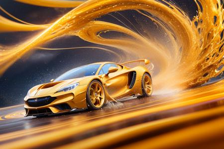 A golden hypercar (Liquid Splash Fluid Art:1.2) Golden Vortex: A golden hypercar hurtles through a swirling vortex of silvery liquid. The liquid spirals and twists, echoing the car's aerodynamic contours and reacting to its thunderous velocity. The spectacle, rendered using Cinema 4D's fluid simulation at an aperture of f/2.8, ISO 400, and a shutter speed of 1/60 sec, captures the thrilling interplay of power and elegance. The final render, polished using Gamma Correction and Tone Mapping, is a visually compelling depiction of kinetic energy and fluid dynamism, inspired by the works of Alex Roman and Beeple.