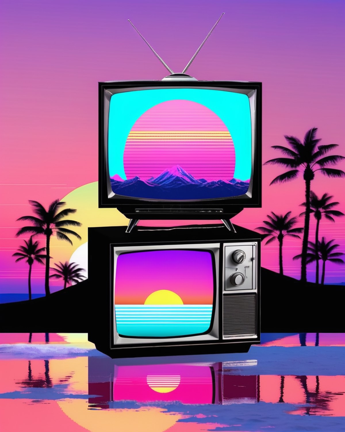 a retro tv with a sunset scene on it ,   <lora:vapor_graphic_sdxl:0.6> , vaporwave, vapor_graphic