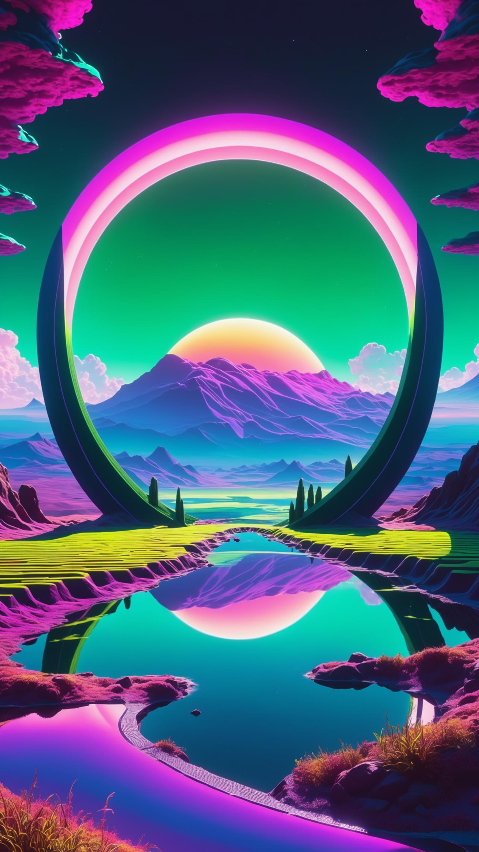 An Artistic Landscape with Mountains, Trees, and a Circular Shape Reflection